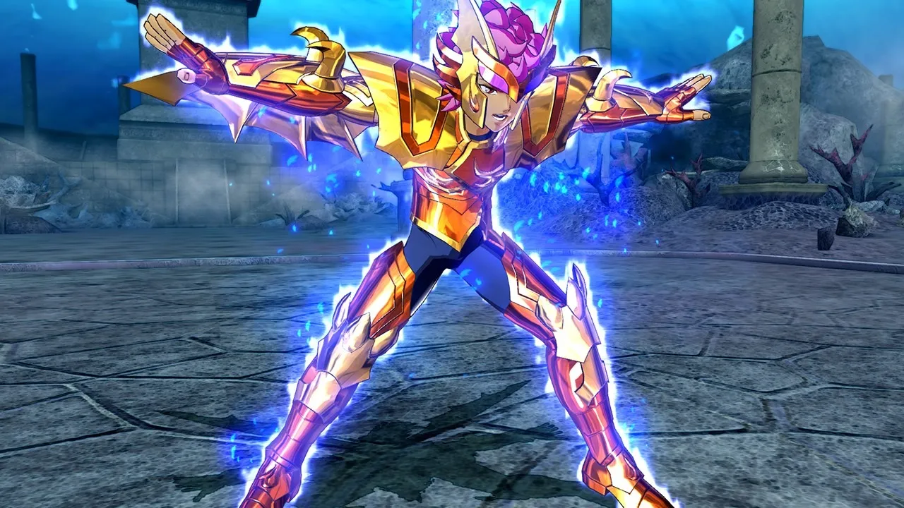 Captura Saint Seiya Soldiers Soul Caballero Dorado En Pose De Ataque Sobre Terreno Rocoso