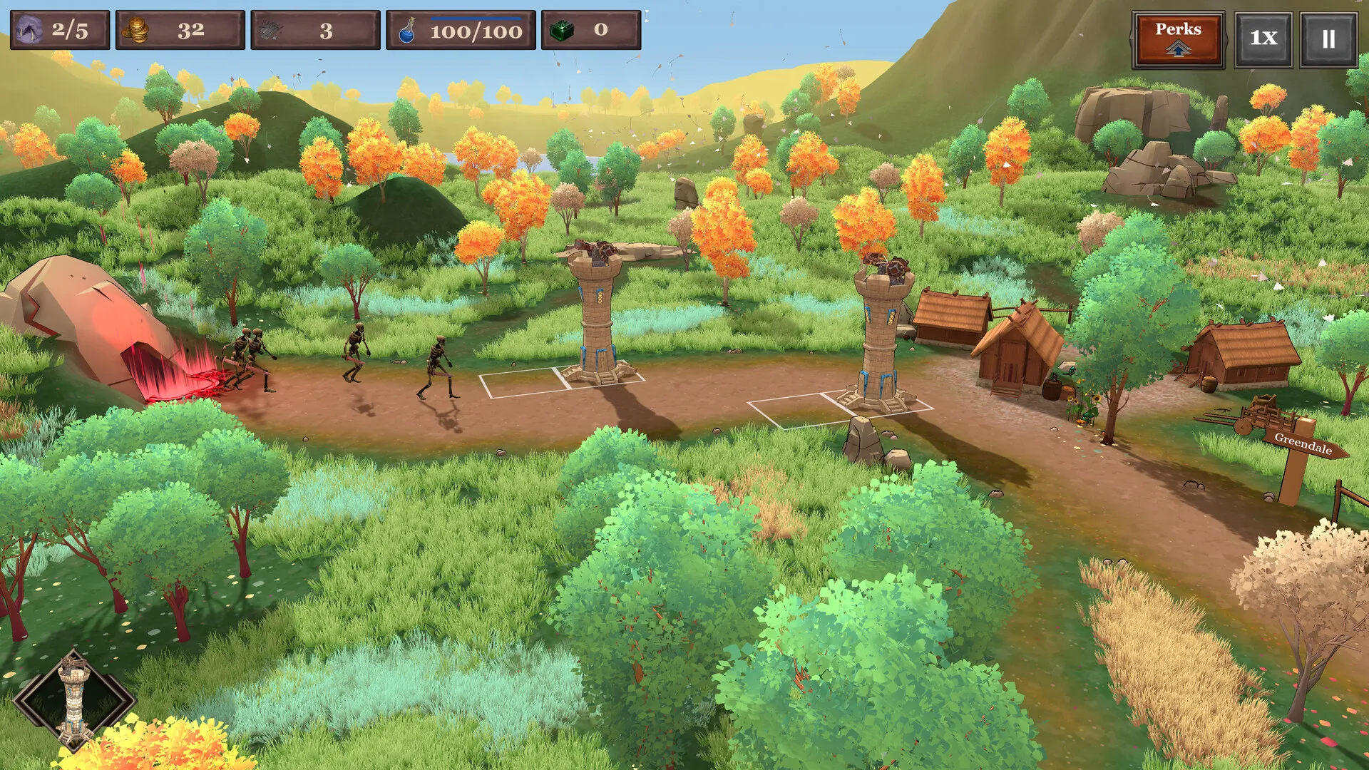 Captura Save The Village – Camino Entre Bosques Con Arboles Coloridos Y Estructuras De Madera