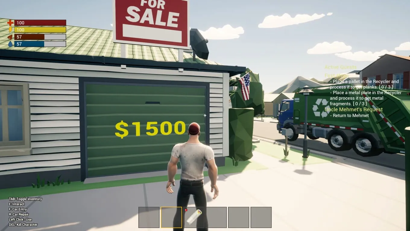 Captura Scrap Dealer Simulator – Personaje Observa Una Casa En Venta Con Letreros De Precio