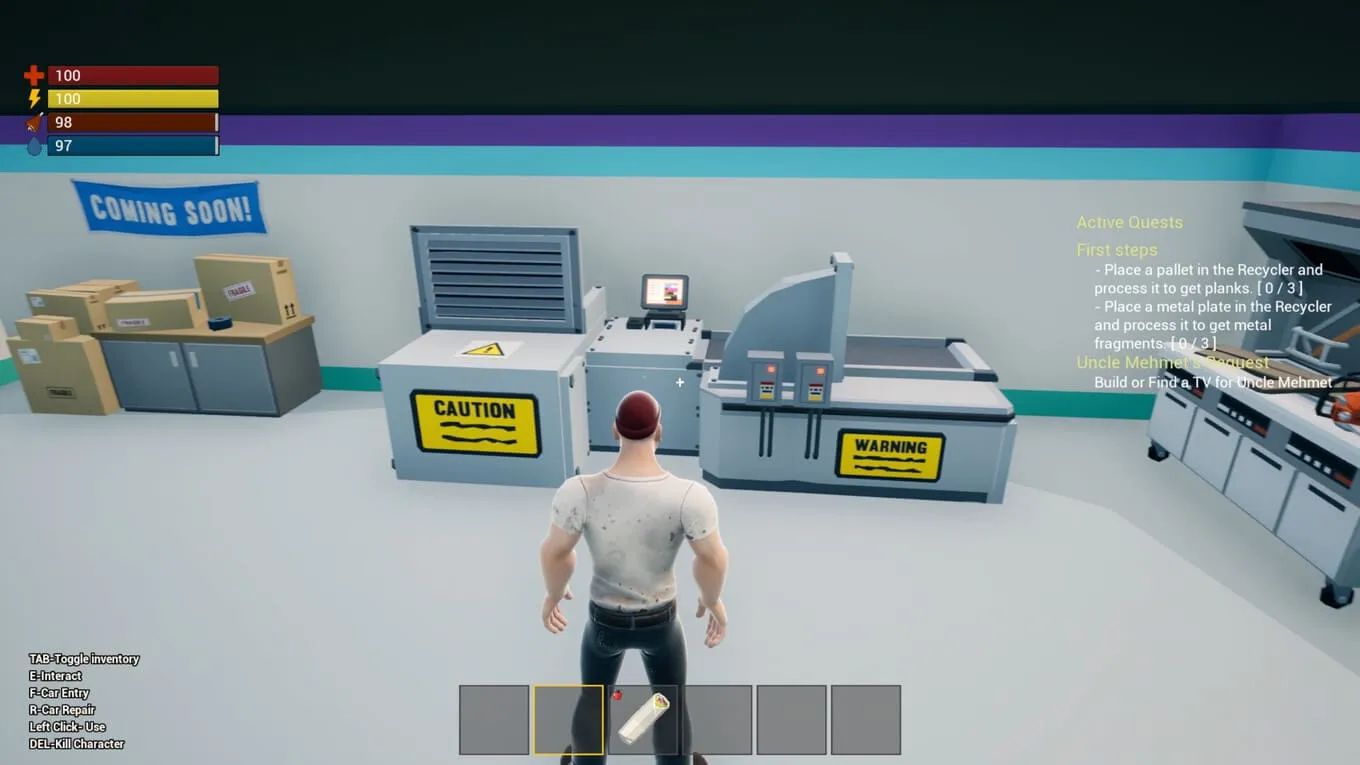 Captura Scrap Dealer Simulator – Vista Trasera Del Jugador Dentro De Un Taller Con Maquinas