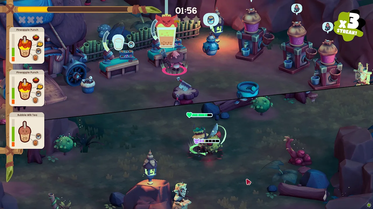 Captura Sedap Delicious Adventures – Vista Cenital Del Juego Con Personajes Cocinando En Medio Del Bosque