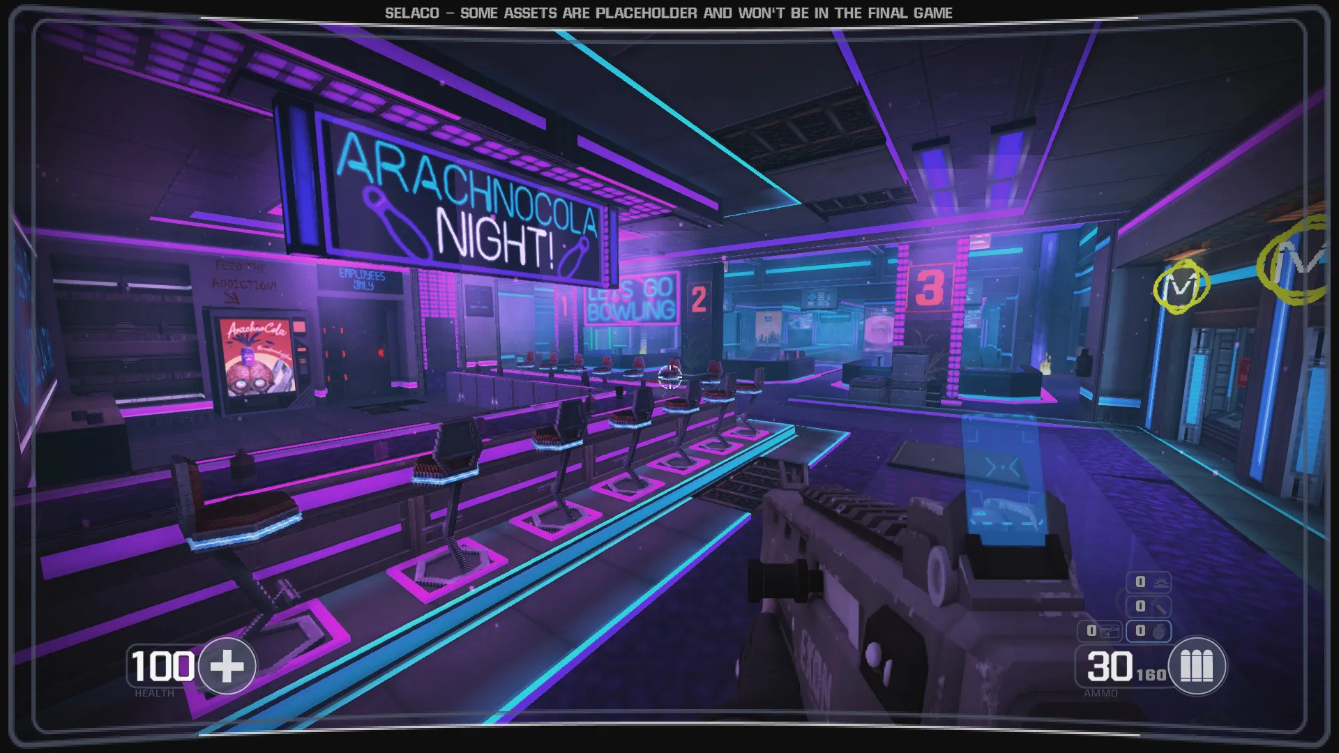 Captura Selaco – Nivel Tipo Arcade Con Luces Neon Y Armas En Vista Subjetiva