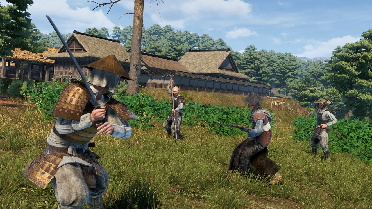 Captura Sengoku Dynasty – Guerreros Entrenando Con Espadas Frente A Casas De Madera