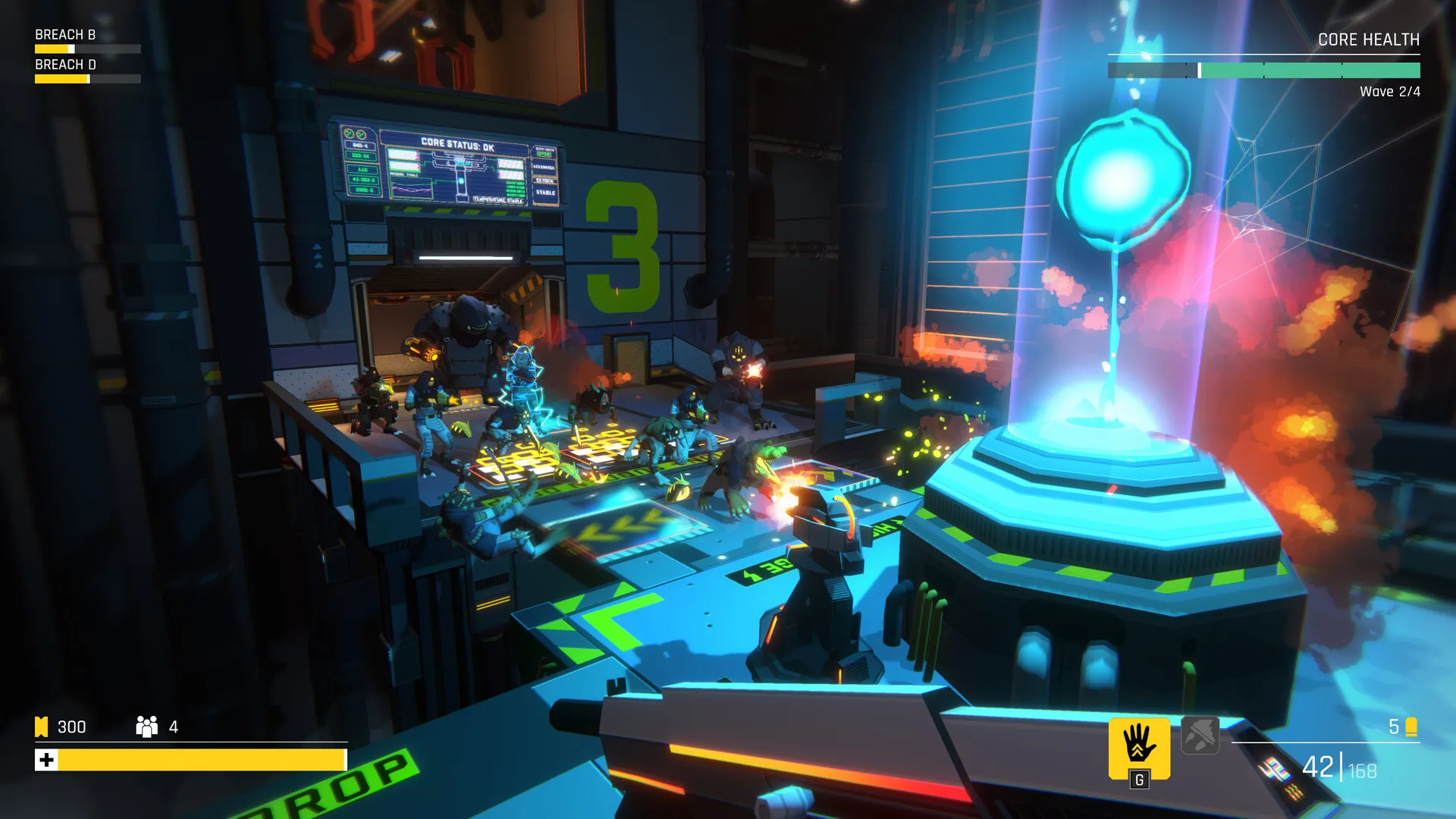 Captura Sentry – Estacion Futurista Con Enemigos Y Explosiones Alrededor De Un Nucleo Brillante