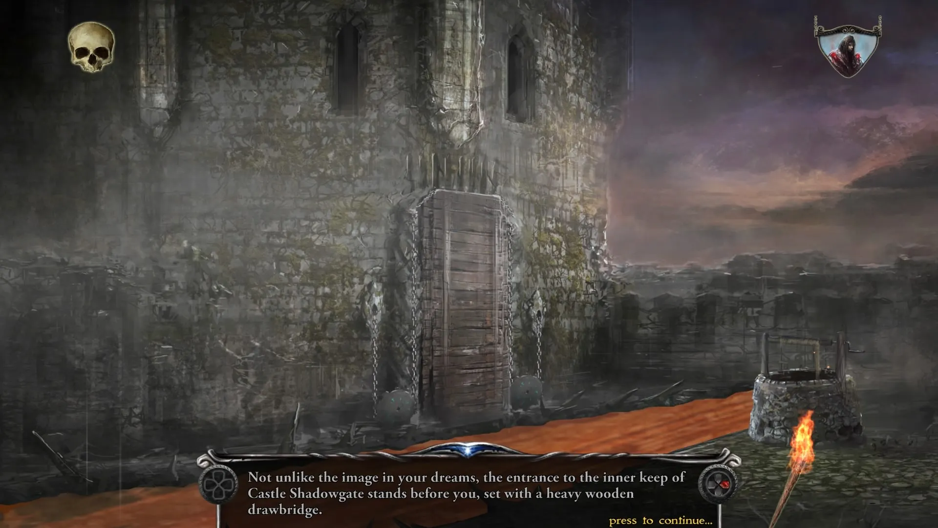 Captura Shadowgate – Entrada A Una Fortaleza De Piedra Bajo Un Cielo Oscuro Con Fuego Encendido
