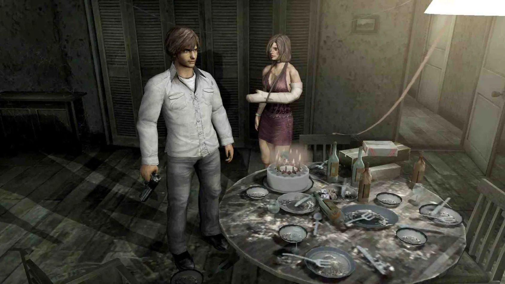 Captura Silent Hill 4 The Room – Hombre Y Mujer En Una Mesa Rodeada De Platos Sucios