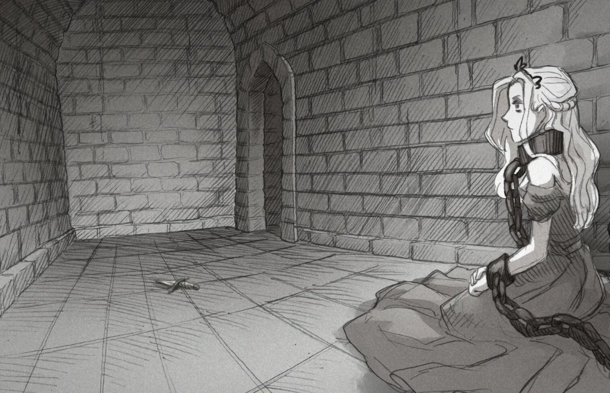 Captura Slay The Princess The Pristine Cut – Escena En Celda De Piedra Con La Princesa Sentada En El Suelo