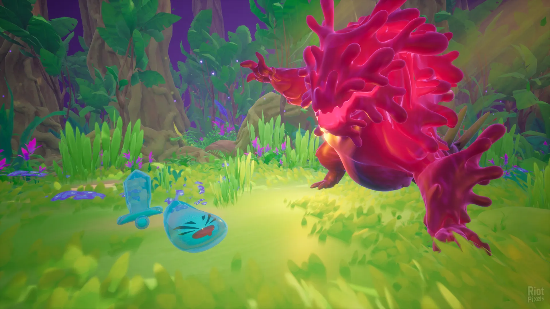 Captura Slime Heroes – Pequenos Slimes Azules Enfrentan A Una Criatura Roja En Una Zona Selvatica