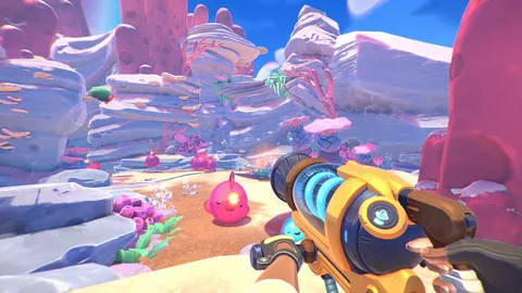 Captura Slime Rancher 2 Canon De Vacio Apunta A Slimes Rosados En Un Valle Soleado