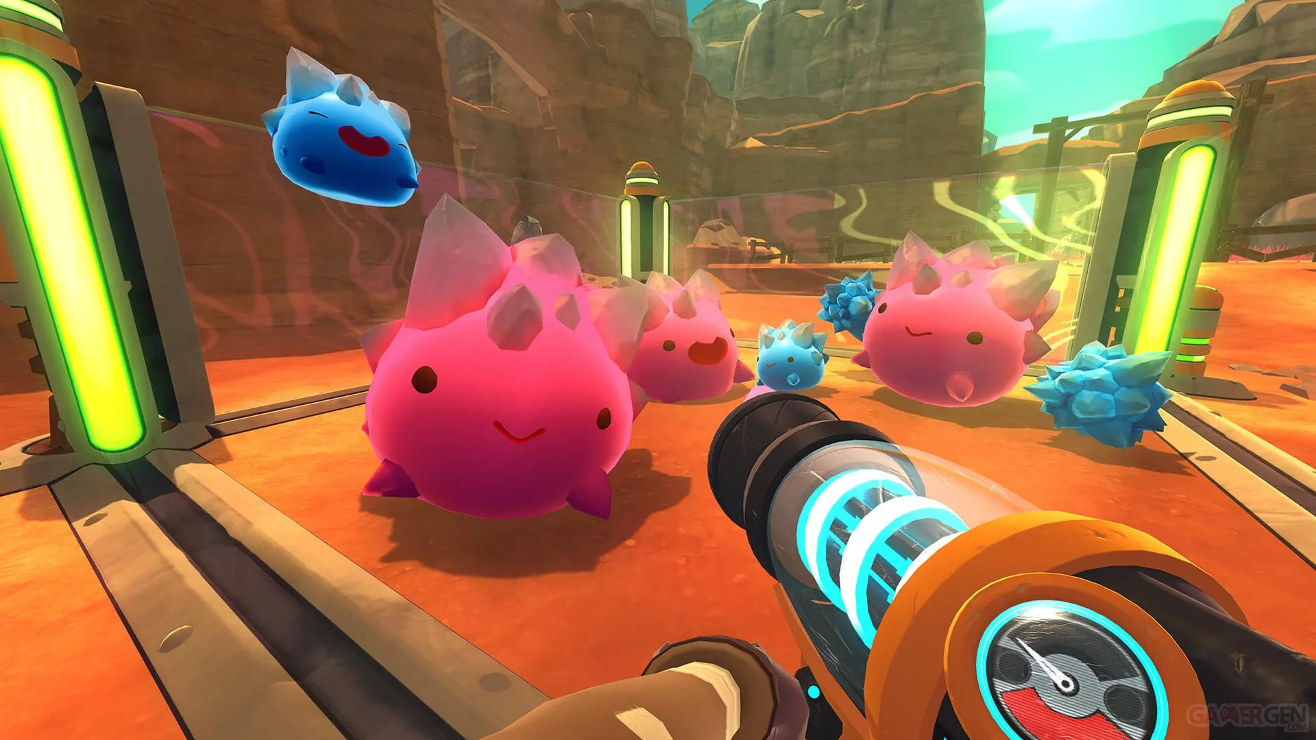 Captura Slime Rancher 2 Slimes Rosas Rebotan Dentro De Un Corral Con Dispositivos Activos