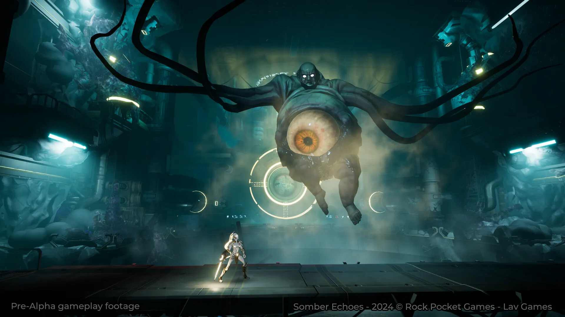 Captura Somber Echoes Enemigo Flotante Enfrentando A Un Personaje En Sala Azul Futurista