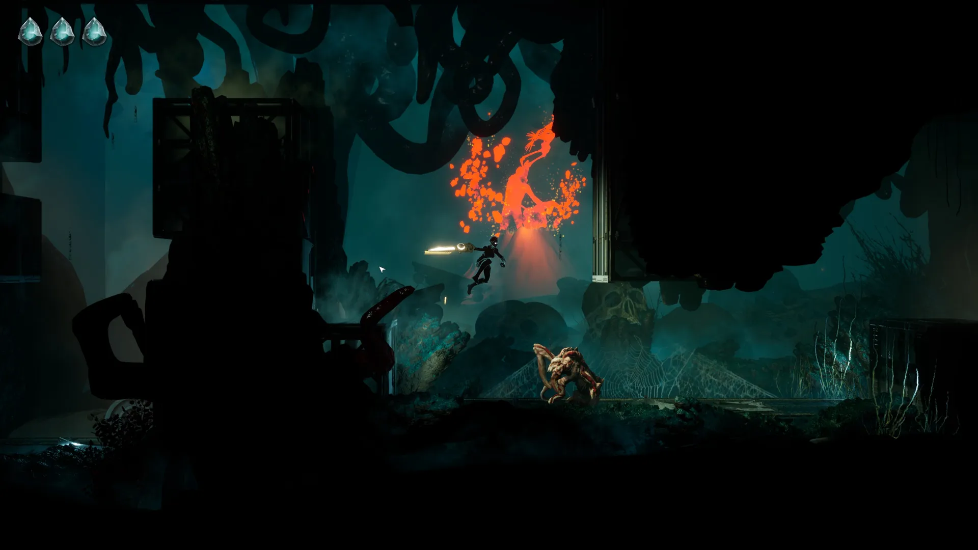 Captura Somber Echoes Exploracion De Pasaje Oscuro Con Luz Roja Al Fondo
