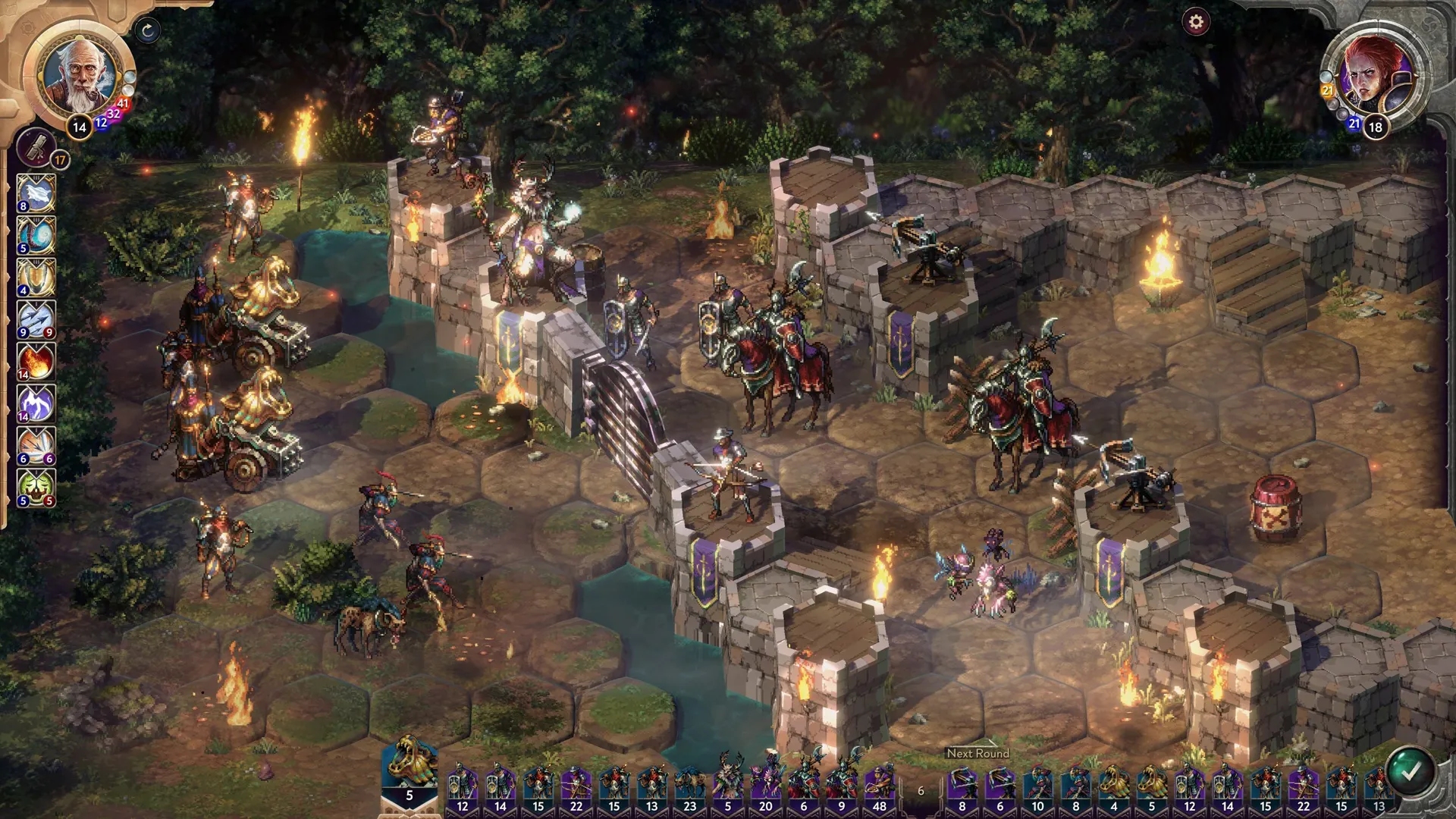 Captura Songs Of Conquest – Batalla Tactica Con Unidades Alineadas En Terreno Hexagonal Iluminado Con Antorchas