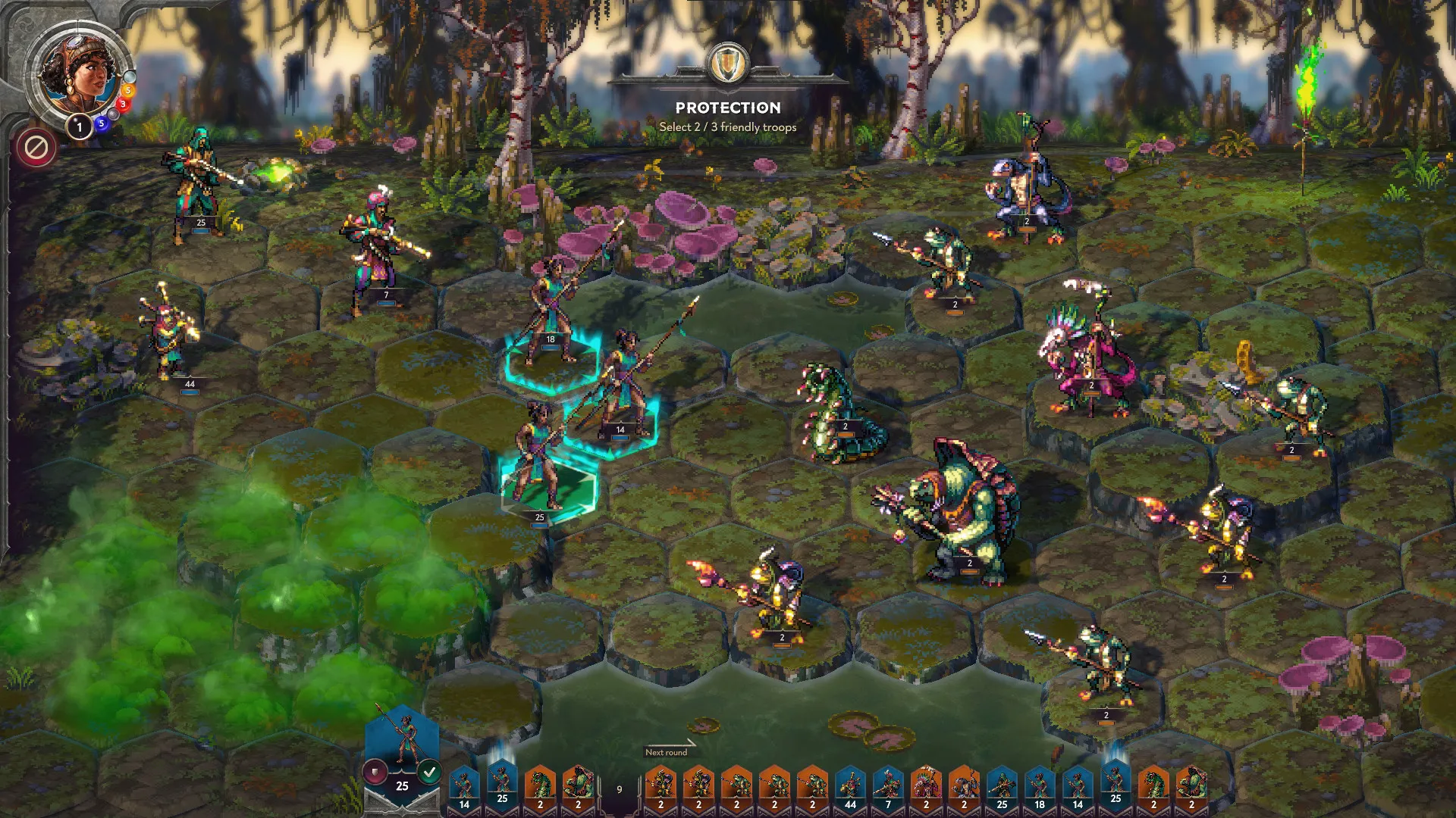 Captura Songs Of Conquest – Enfrentamiento En Bosque Con Magia Y Ataques Sobre Un Campo Tactico Verde
