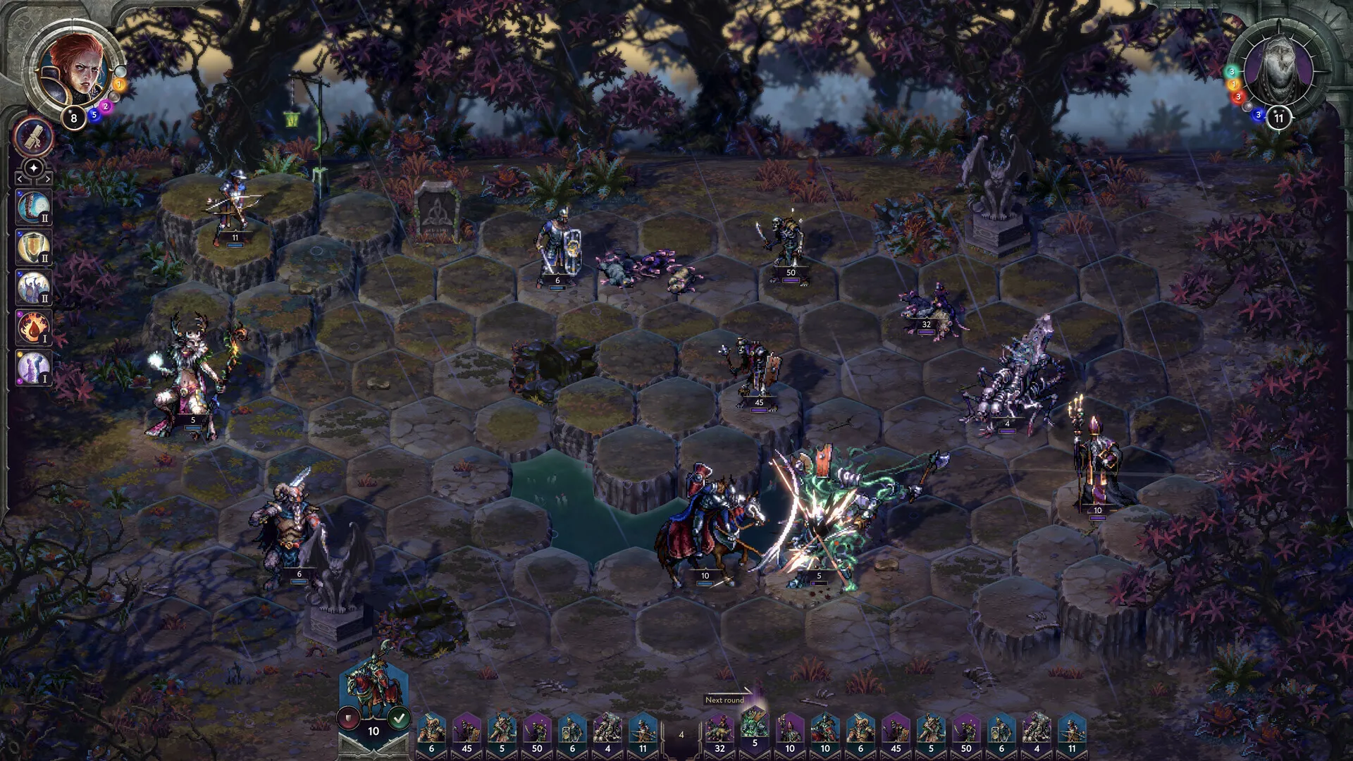 Captura Songs Of Conquest – Escenario Nocturno Con Tropas Enfrentadas Sobre Suelo Dividido En Hexagonos