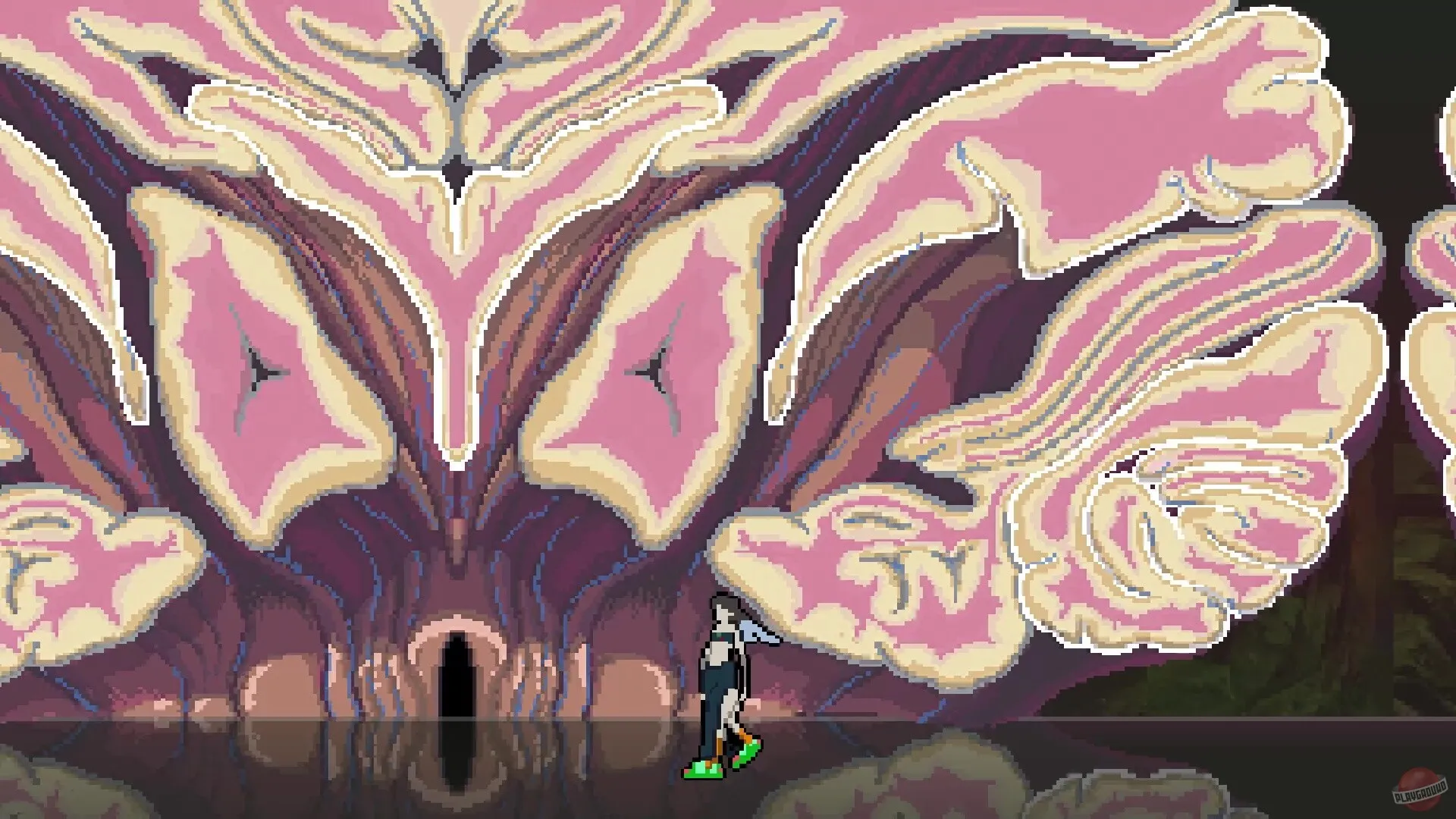 Captura Sonokuni Personaje Frente A Estructura Gigante Con Forma De Flor Rosada