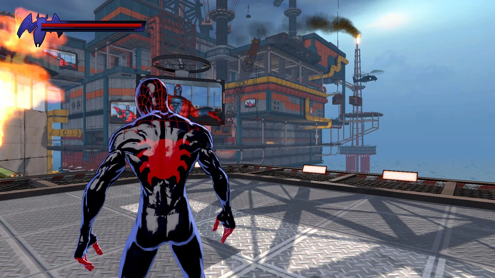 Captura Spider Man Shattered Dimensions Spider Man En Traje Negro Frente A Una Base Flotante