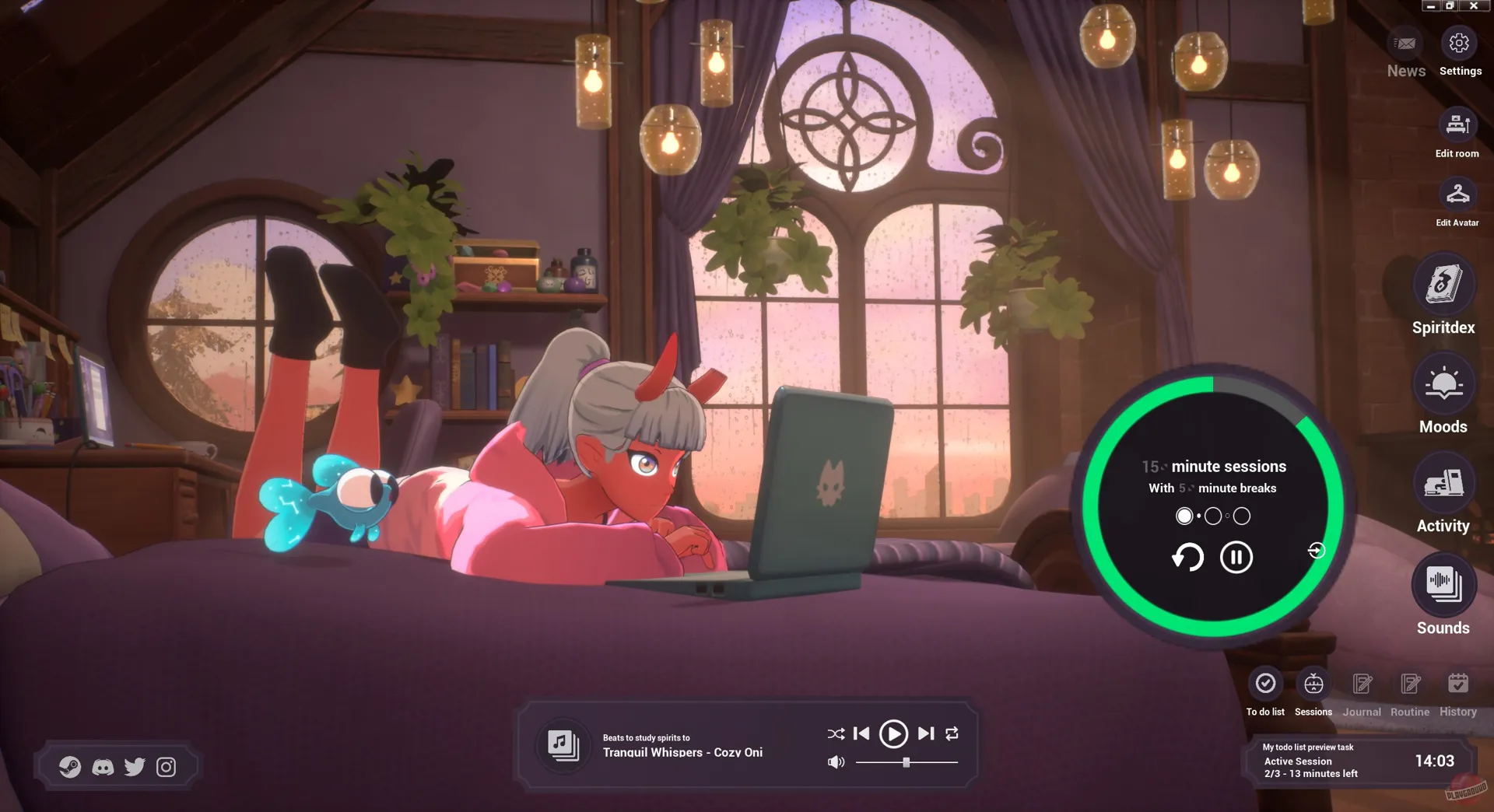 Captura Spirit City Lofi Sessions Vista Lateral De Un Espiritu Lofi Y Chica Relajada Frente A Un Portatil