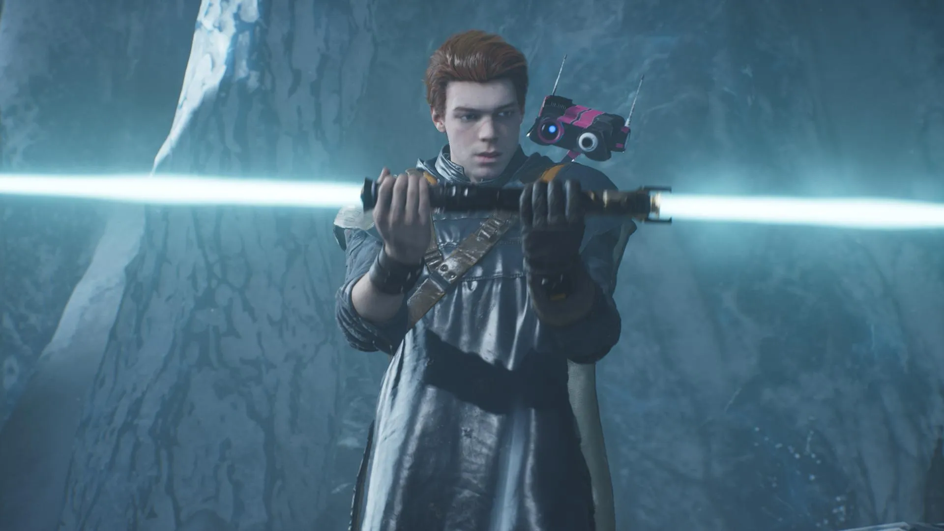 Captura Star Wars Jedi Fallen Order Cal Sostiene El Sable Azul Mientras Su Droide Lo Acompana