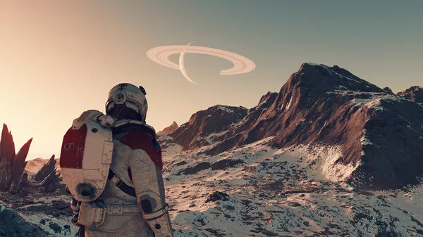 Captura Starfield – Astronauta Observando Un Paisaje Nevado Con Simbolo En El Cielo