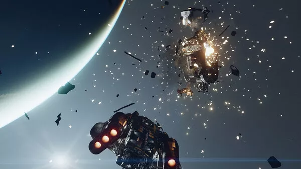 Captura Starfield – Batalla Espacial Con Nave Disparando Y Escombros Flotando