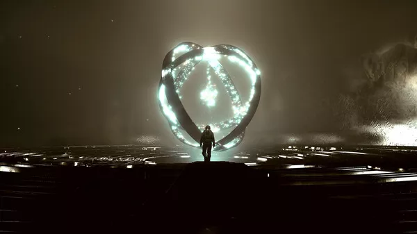 Captura Starfield – Personaje Frente A Circulo Brillante Flotante En Ambiente Oscuro