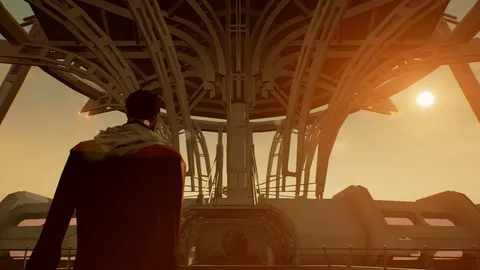 Captura State Of Mind – Personaje Observa Una Estructura Tecnologica Al Atardecer