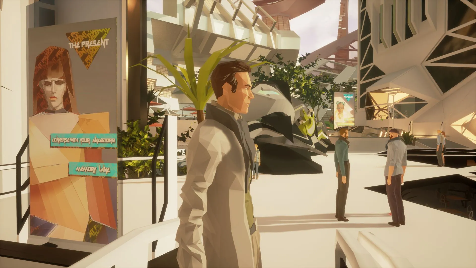 Captura State Of Mind – Protagonista Conversa Con Una Mujer En Un Entorno Futurista Iluminado