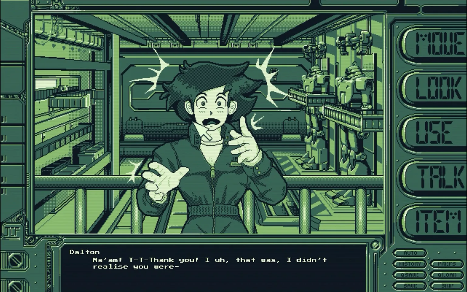 Captura Stories From Sol The Gun Dog Personaje Con Expresion Preocupada Frente A Estanterias Futuristas