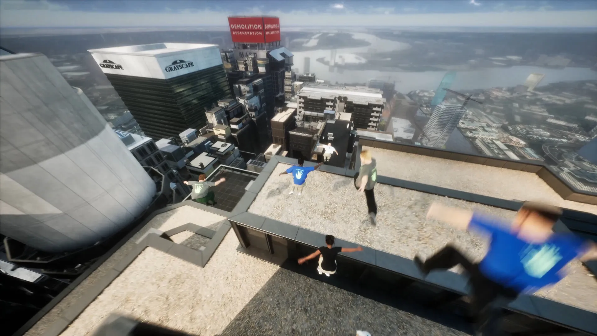 Captura Storror Parkour Pro – Perspectiva En Tercera Persona Mientras Varios Personajes Corren En La Azotea