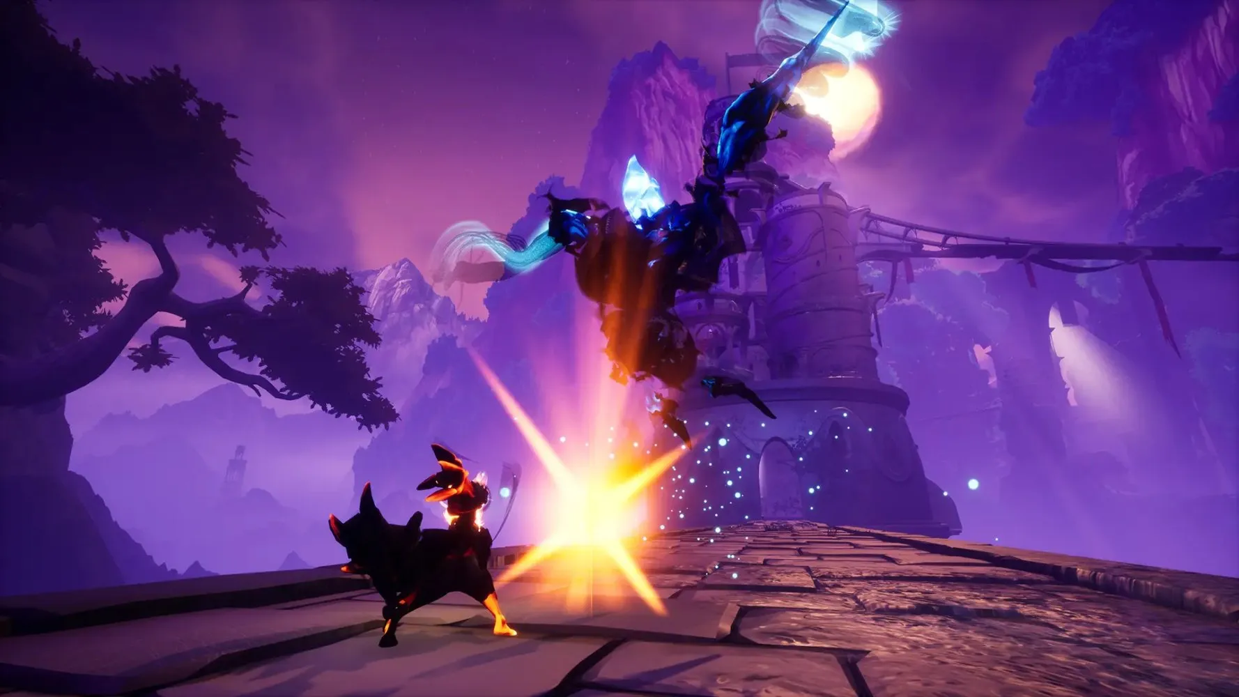 Captura Strayed Lights – Combate Con Explosion De Luz En Un Puente Entre Arboles Violetas