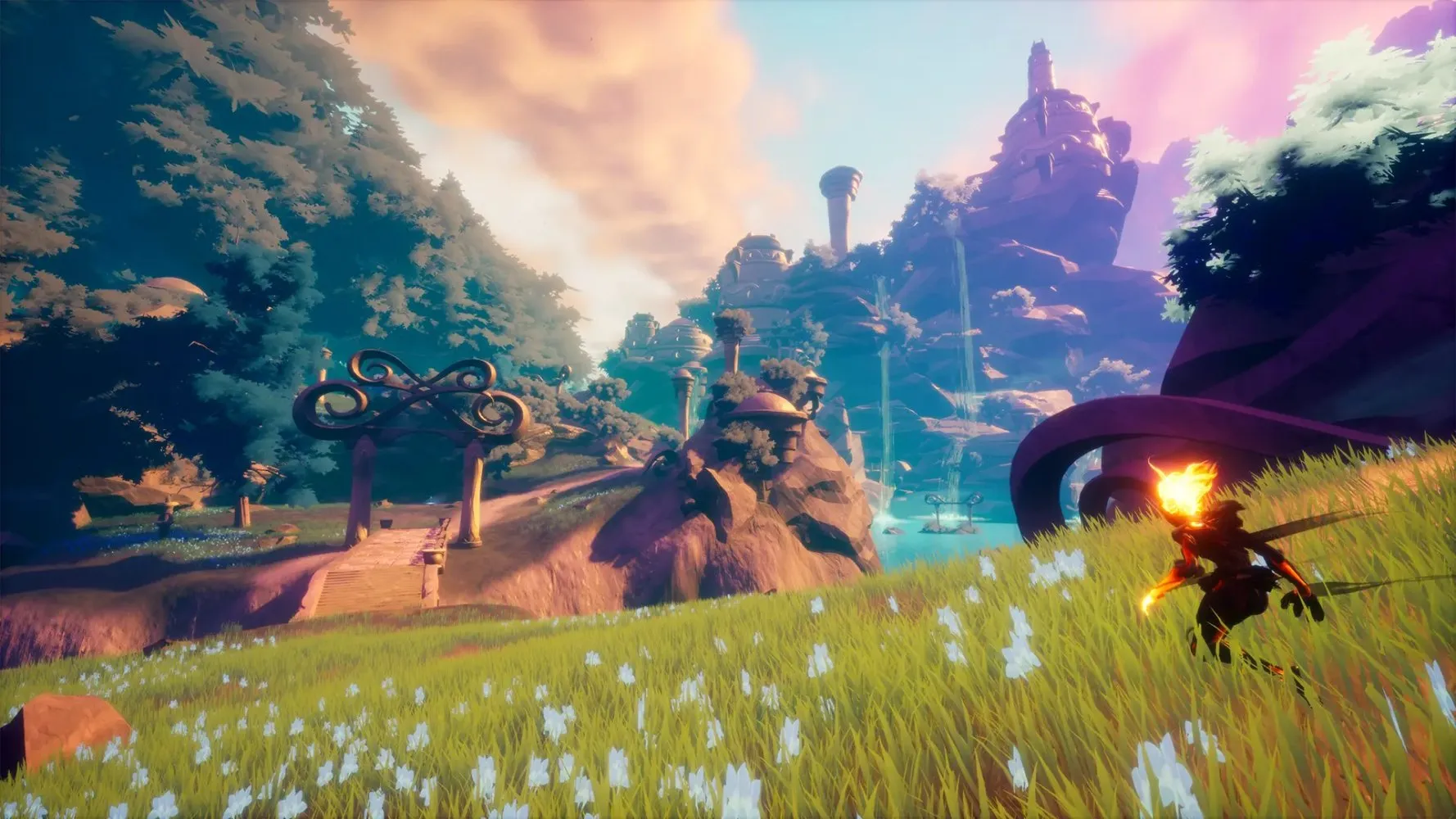 Captura Strayed Lights – Entorno Abierto Con Arboles Altos Mientras Un Personaje Camina Por El Campo