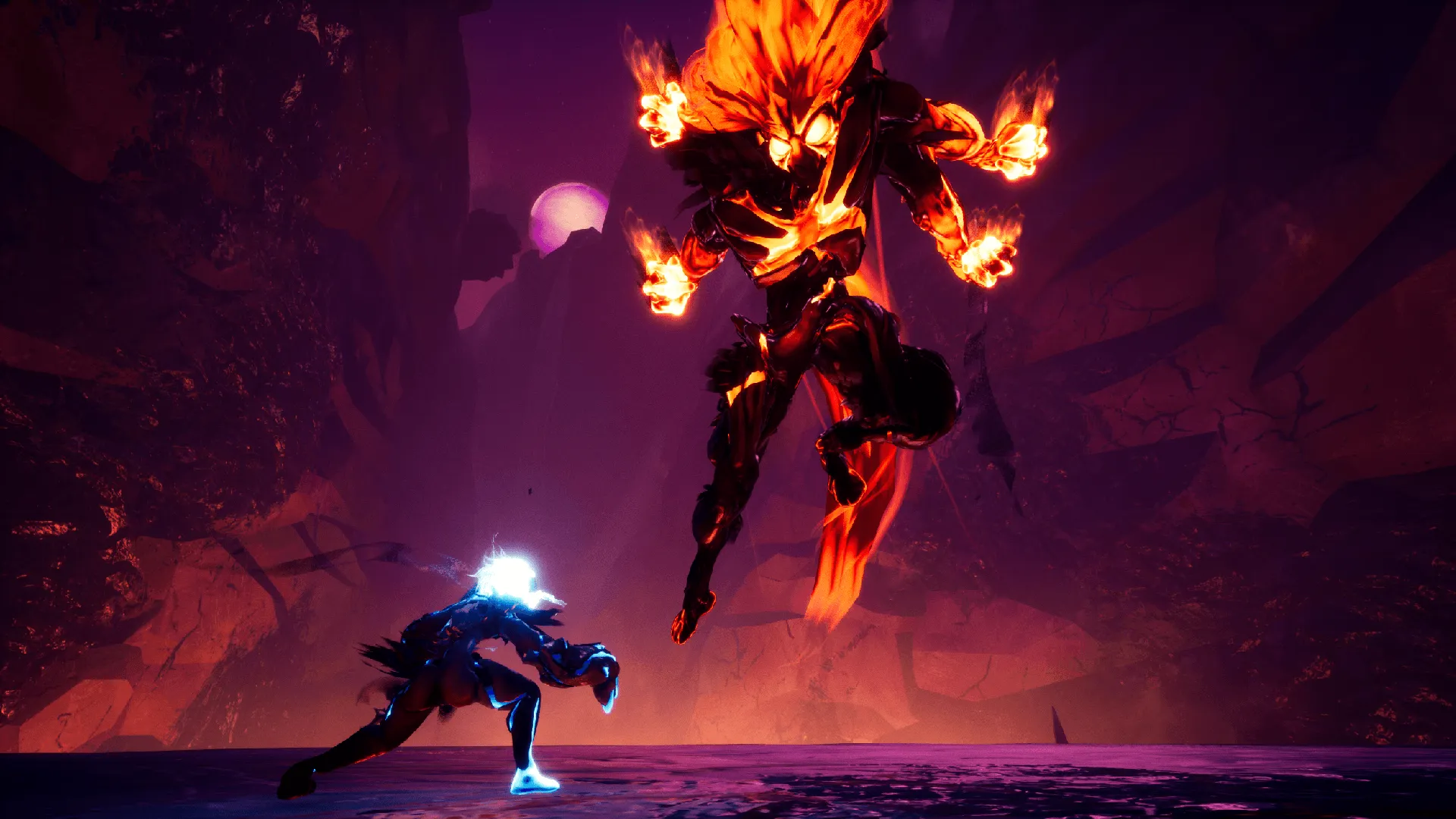 Captura Strayed Lights – Un Personaje Se Enfrenta A Una Criatura Ardiente En Un Entorno Oscuro