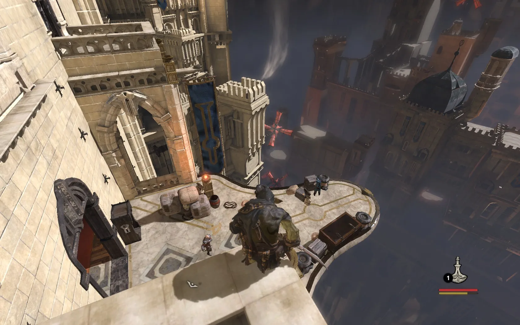 Captura Styx Master Of Shadows – Vista Elevada De Un Personaje Cruzando Techos Entre Torres De Piedra