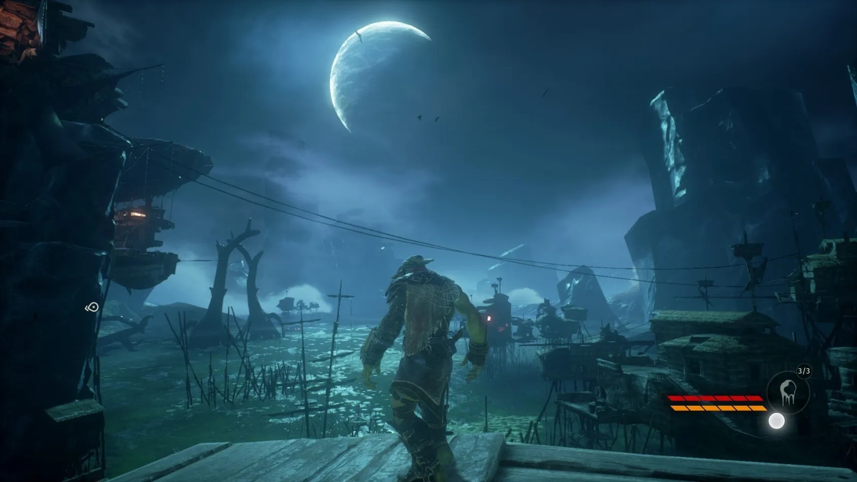 Captura Styx Shards Of Darkness – Escenario Nocturno Con Luna Llena Y Ruinas Al Fondo
