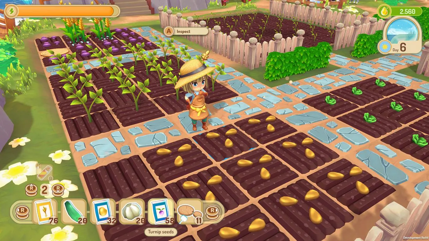 Captura Sugardew Island – Personaje Riega Hortalizas En Un Terreno Organizado En Bloques