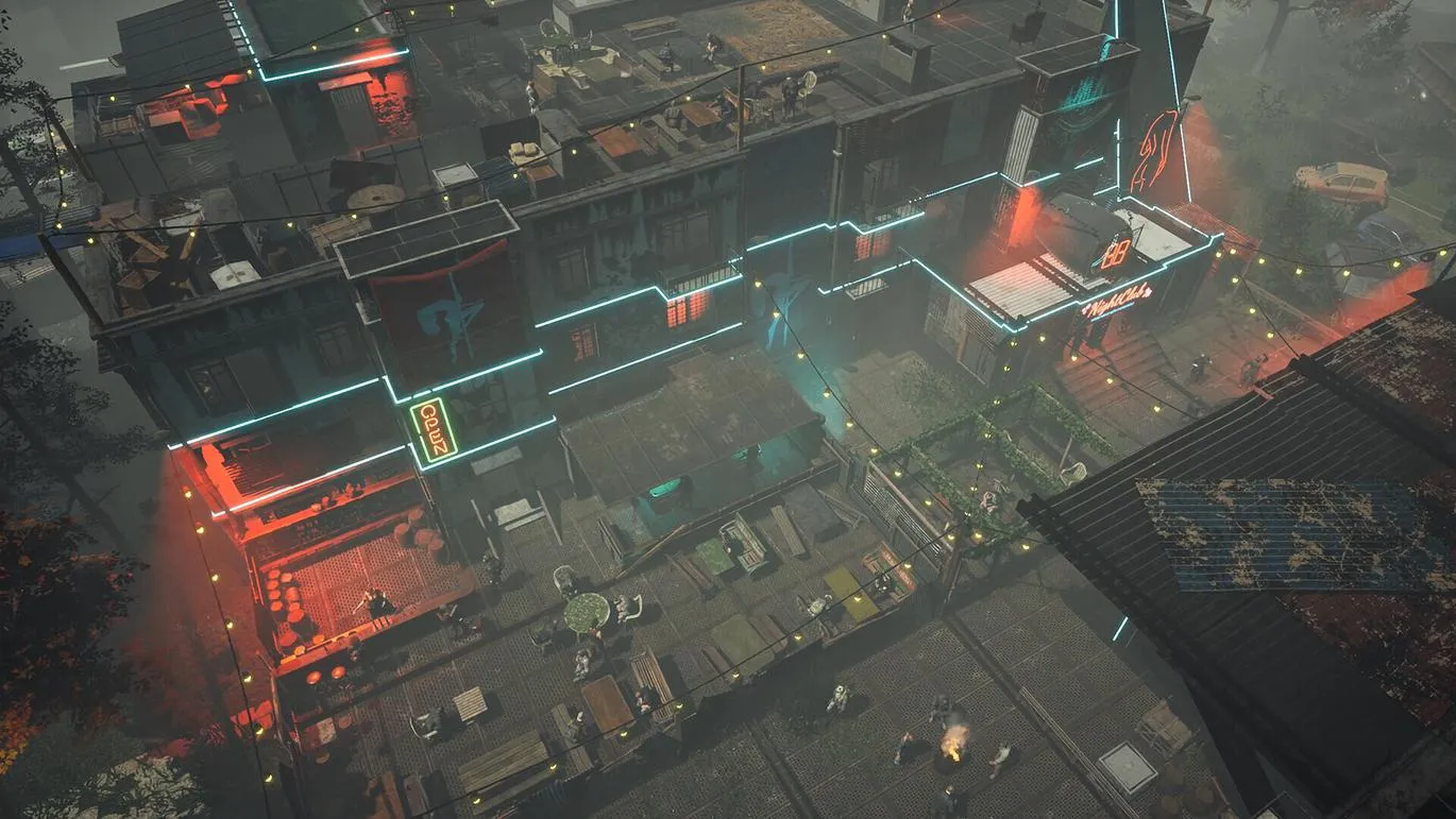 Captura Survive The Fall – Ciudad En Ruinas Iluminada Con Luces Rojas Y Azules