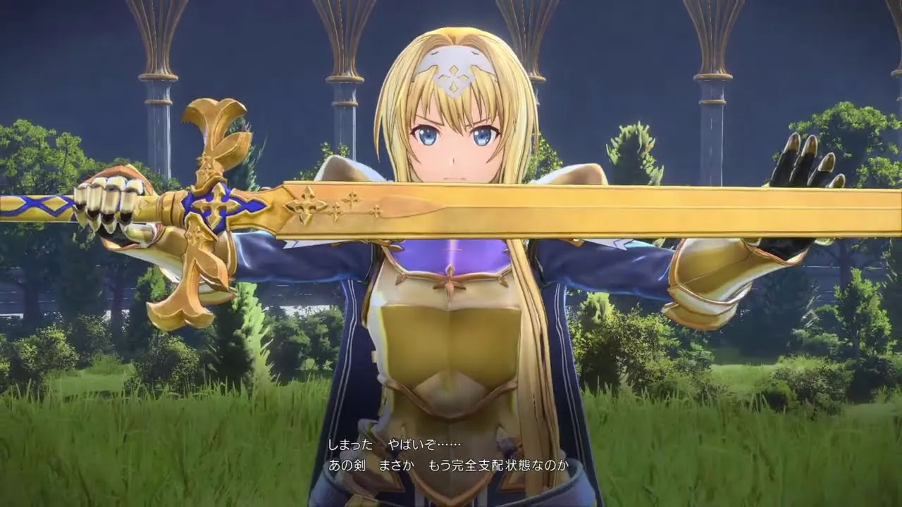 Captura Sword Art Online Alicization Lycoris – Alice Empunando Espada Dorada Con Gesto Solemne