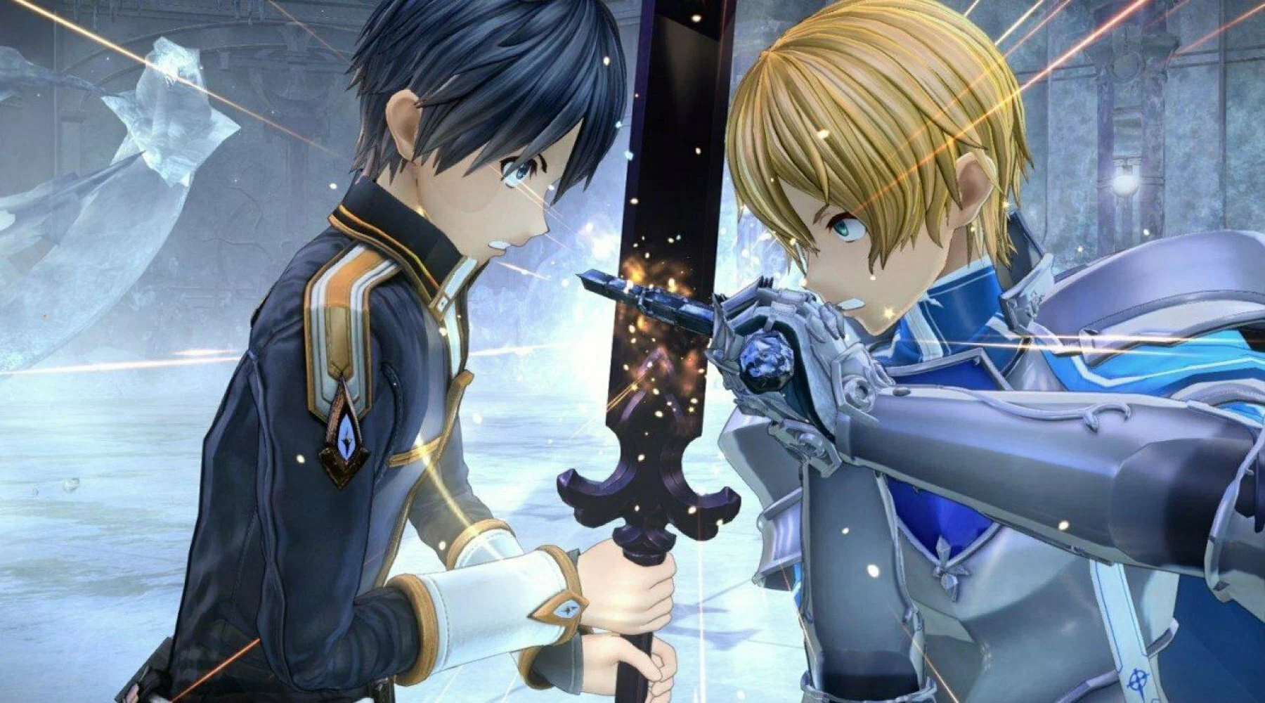 Captura Sword Art Online Alicization Lycoris – Kirito Y Eugeo Cruzan Espadas Con Fondo Helado