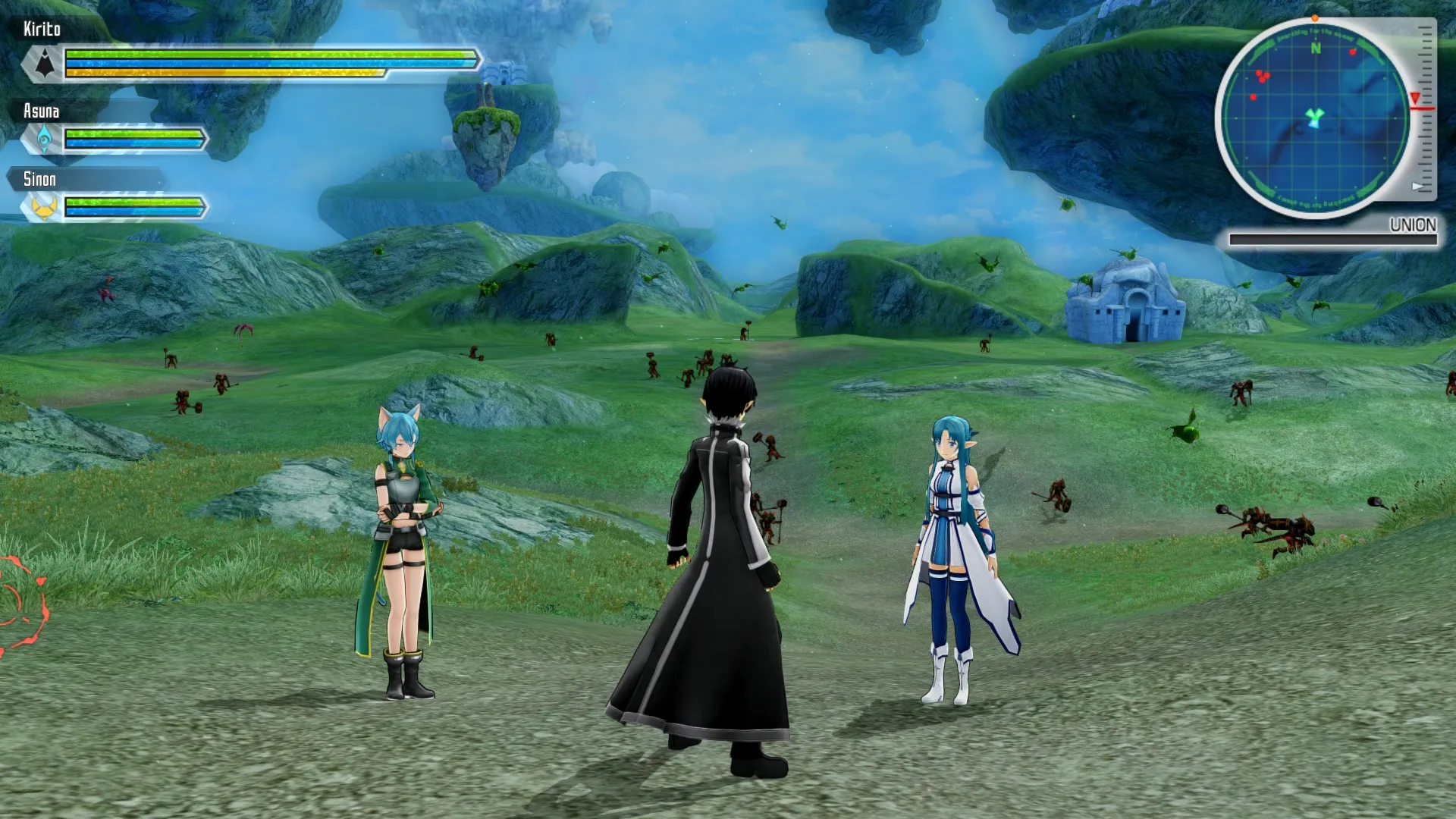 Captura Sword Art Online Lost Song – Paisaje Abierto Con Colinas Verdes Y Dos Personajes De Pie