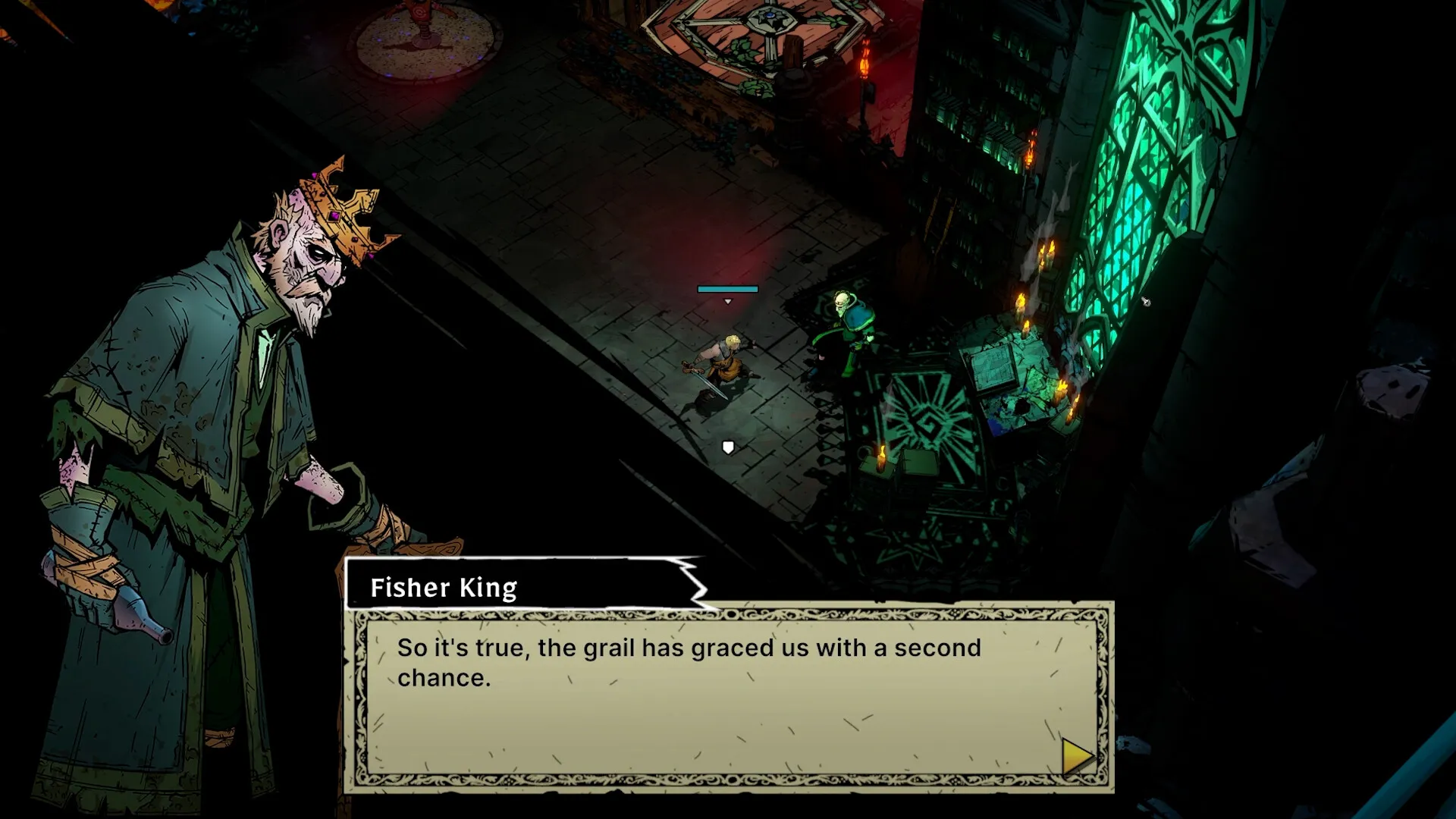 Captura Sworn Dialogo En Interiores Con Personaje Encorvado Y Texto En Pantalla