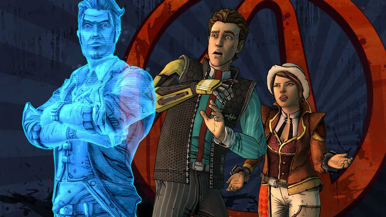 Captura Tales From The Borderlands Holograma Azul Junto A Los Protagonistas Frente Al Logo