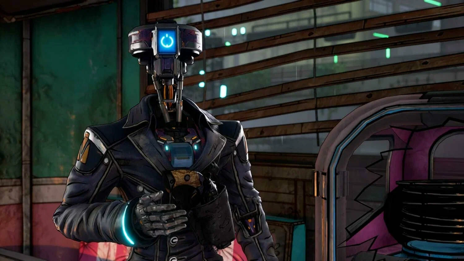 Captura Tales From The Borderlands Robot Con Chaqueta Negra En Interior Industrial