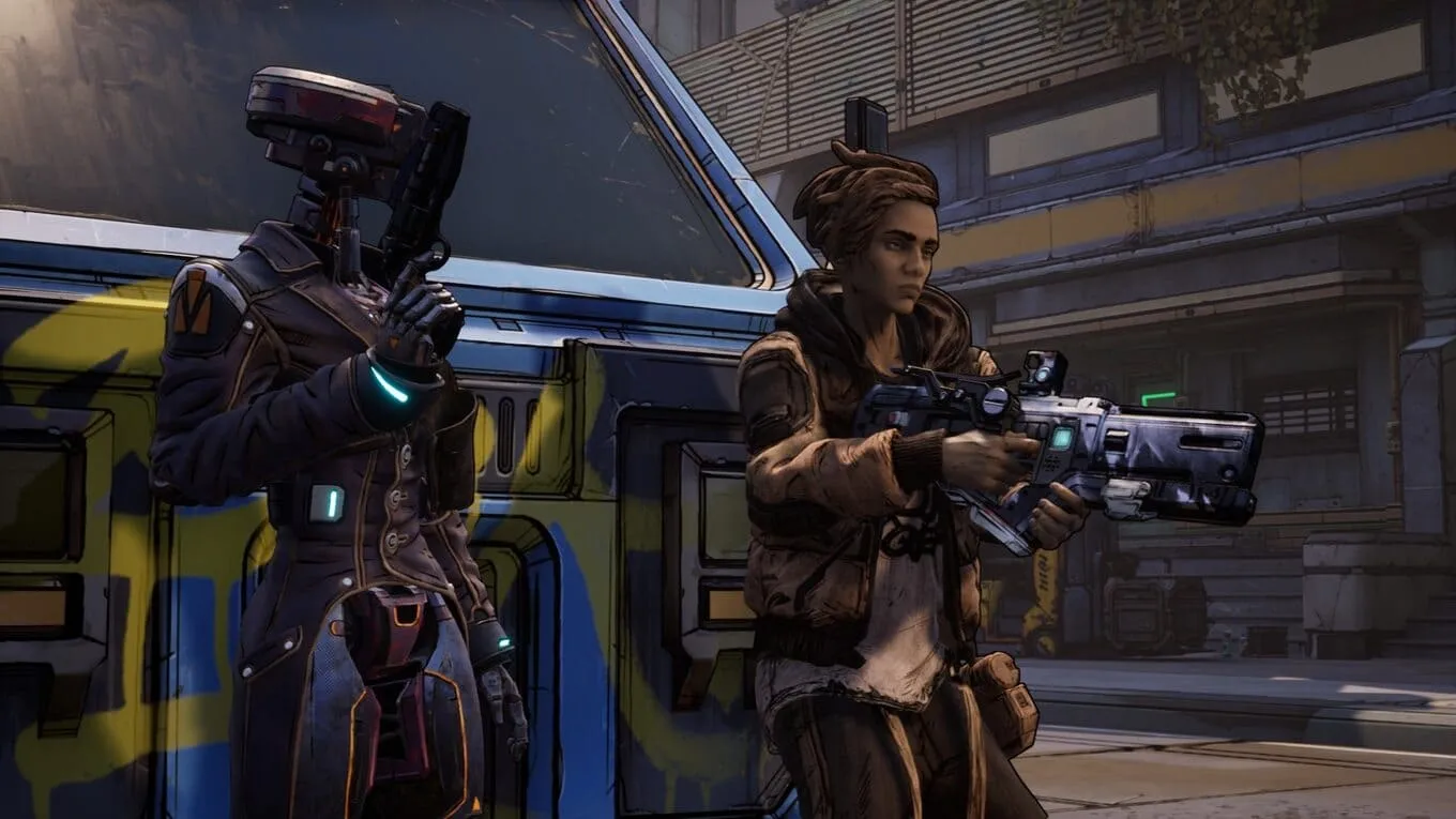 Captura Tales From The Borderlands – Dos Personajes Armados Apuntan Mientras Caminan Juntos Por Una Ciudad Futurista