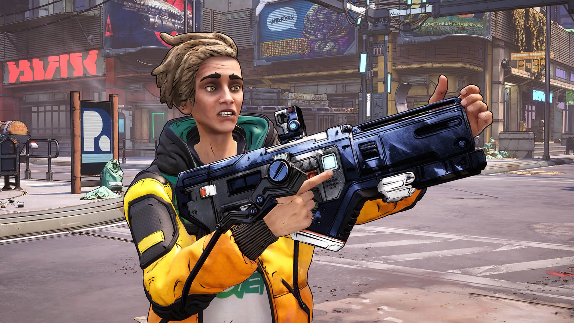 Captura Tales From The Borderlands – Un Joven Con Chaqueta Amarilla Sostiene Un Rifle En Medio De Una Calle Con Neones