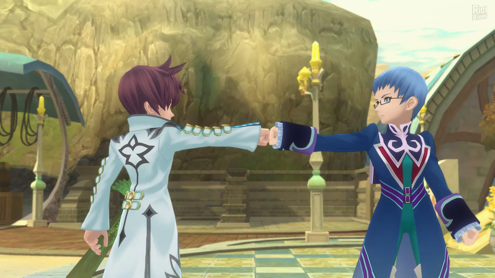 Captura Tales Of Graces – Dos Personajes Dandose La Mano Frente A Una Fuente En Un Entorno Brillante