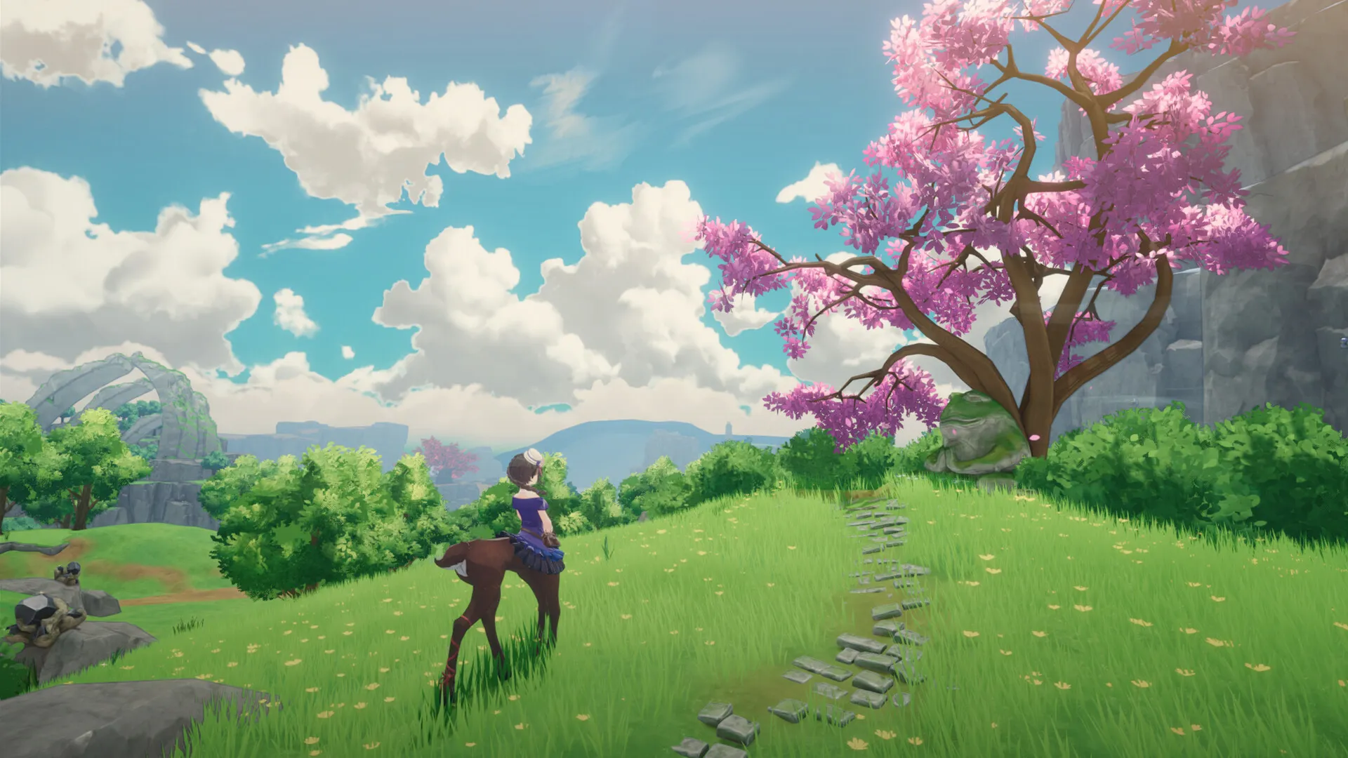 Captura Tales Of Seikyu – Personaje A Caballo Cruzando Un Campo Florido Con Arboles Rosados