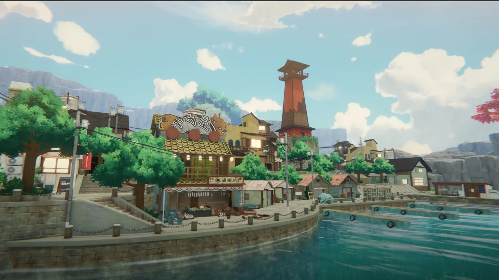 Captura Tales Of Seikyu – Pueblo Con Canales De Agua Casas Tradicionales Y Cielo Despejado