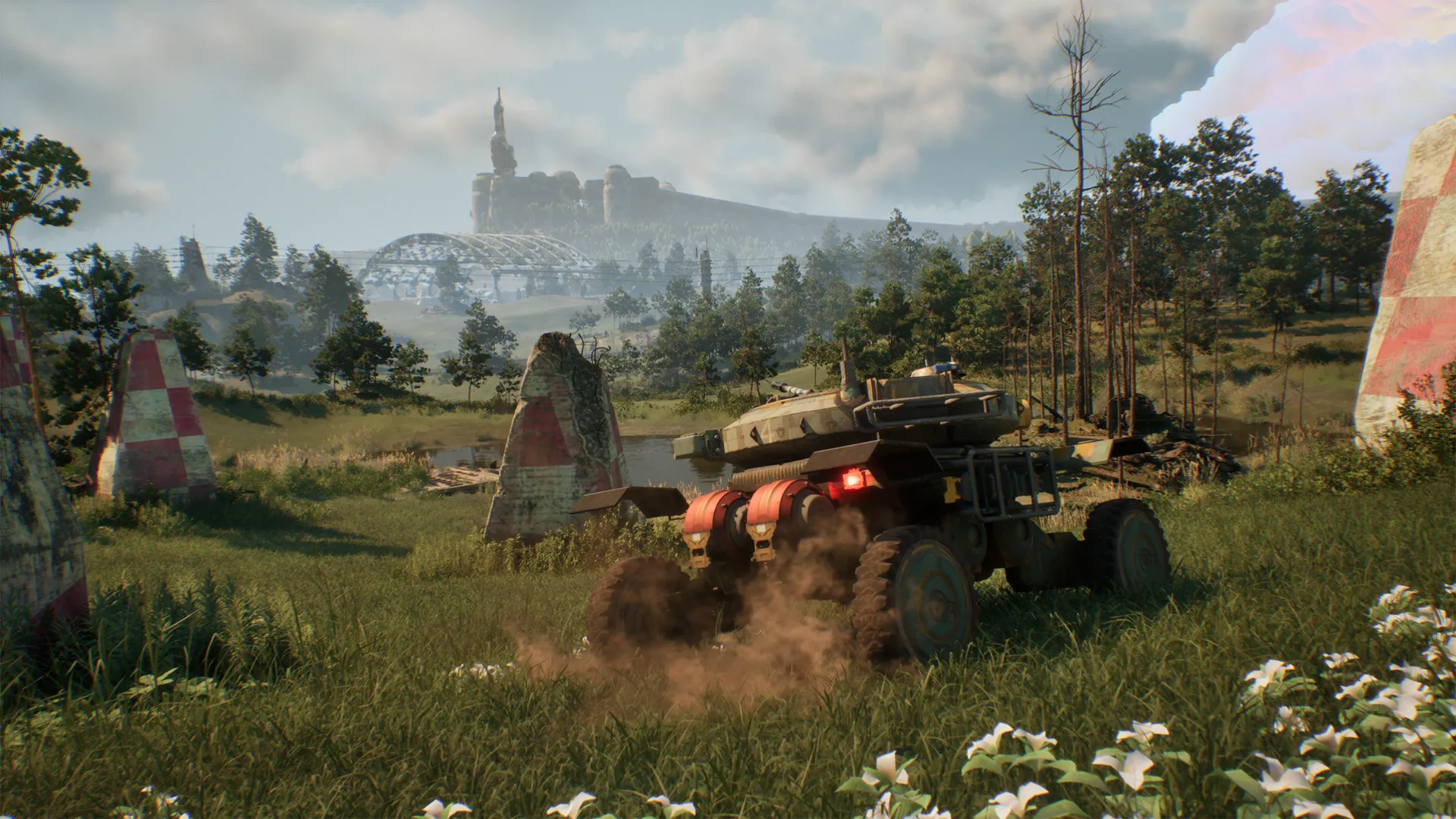 Captura Tankhead Un Vehiculo Blindado Atraviesa Un Campo Verde Con Colinas Y Castillo Al Fondo