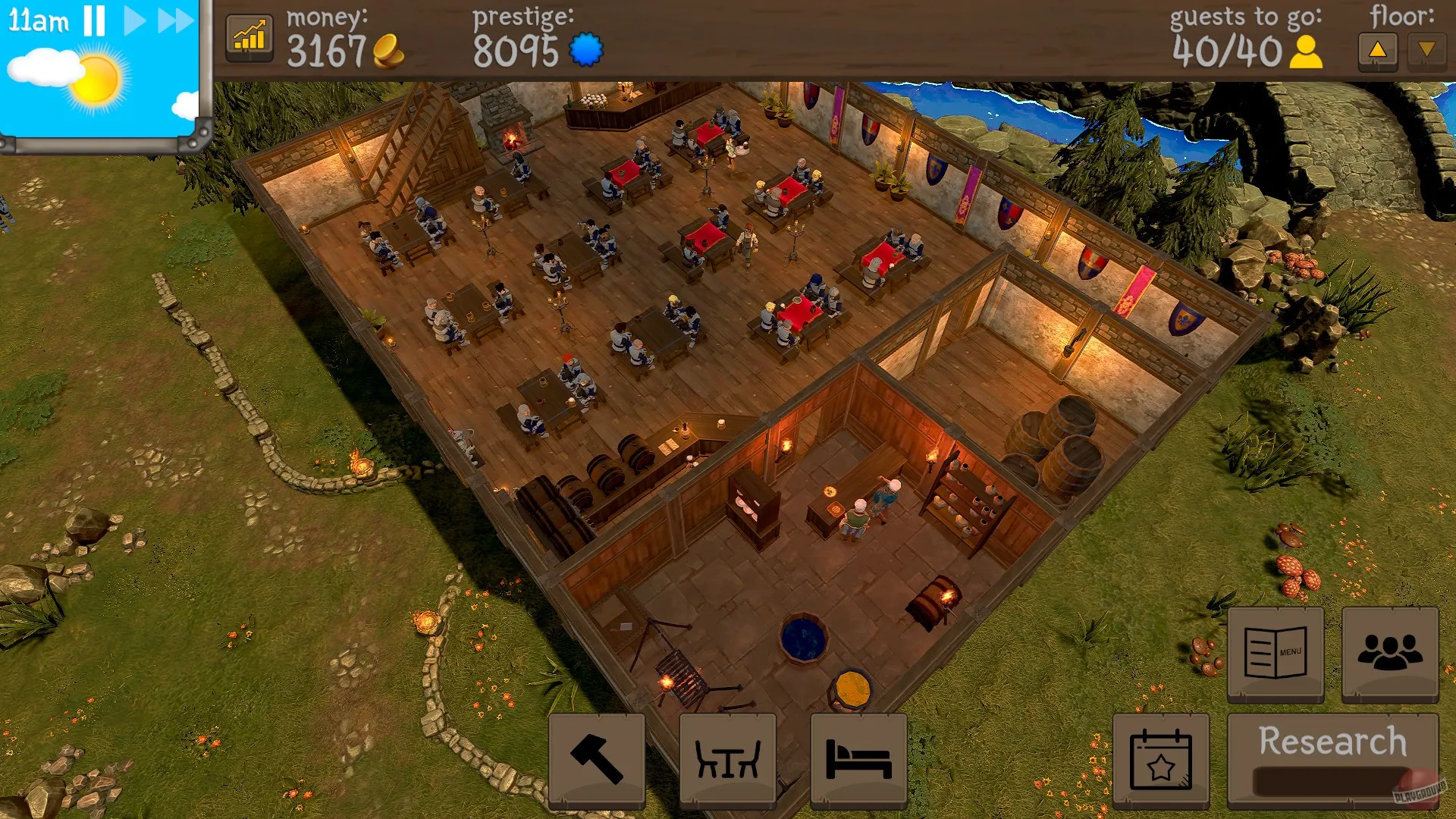 Captura Tavern Master – Vista Exterior De La Taberna En Un Entorno Campestre Con Mesas Activas